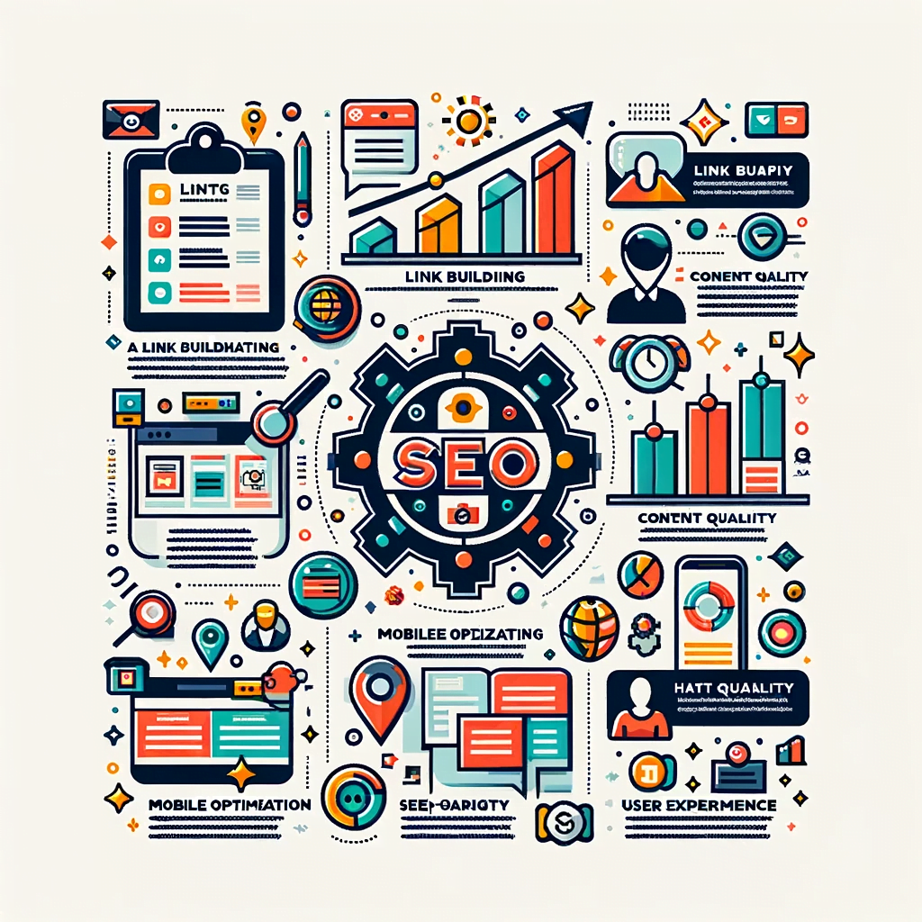 An engaging infographic illustrating key SEO concepts like link building, content quality, and mobile optimization.