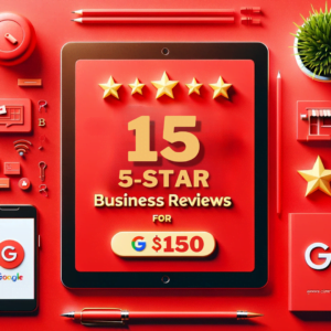 "Advertisement featuring a vibrant red background with large, bold, gold text stating 'GET 15 GOOGLE BUSINESS REVIEWS FOR $150'. Below the text is a correctly spelled, small Google logo. The design is minimalist and focused solely on the text, which is the central element of the image.