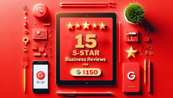 "Advertisement featuring a vibrant red background with large, bold, gold text stating 'GET 15 GOOGLE BUSINESS REVIEWS FOR $150'. Below the text is a correctly spelled, small Google logo. The design is minimalist and focused solely on the text, which is the central element of the image.