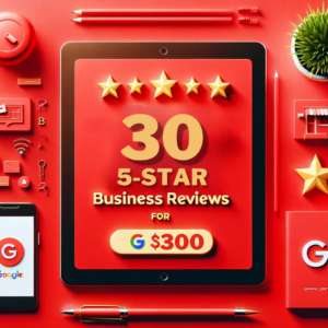 "Advertisement featuring a vibrant red background with large, bold, gold text stating 'GET 30 GOOGLE BUSINESS REVIEWS FOR $300'. Below the text is a correctly spelled, small Google logo. The design is minimalist and focused solely on the text, which is the central element of the image.