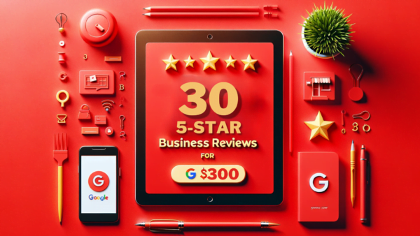 "Advertisement featuring a vibrant red background with large, bold, gold text stating 'GET 30 GOOGLE BUSINESS REVIEWS FOR $300'. Below the text is a correctly spelled, small Google logo. The design is minimalist and focused solely on the text, which is the central element of the image.