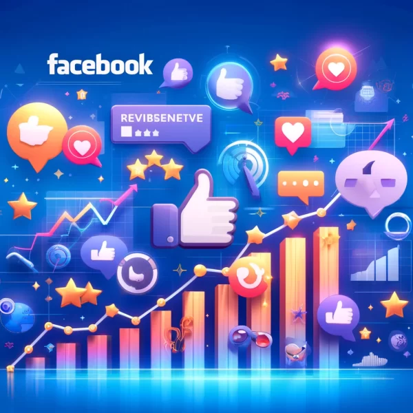 Image depicting the concept of a Facebook Business Growth Pack, with vibrant visual elements including thumbs up icons for likes, star ratings for recommendations, and speech bubbles for reviews. The design incorporates upward arrows and graphs symbolizing increased social media engagement, set against a modern, business-friendly blue-toned background.